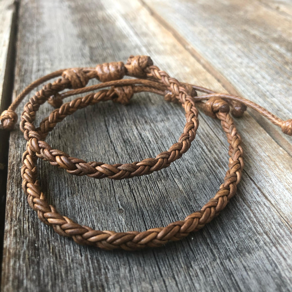 Key West Light Brown Braided Leather Bracelet Unisex Holiday Gift For Her Him