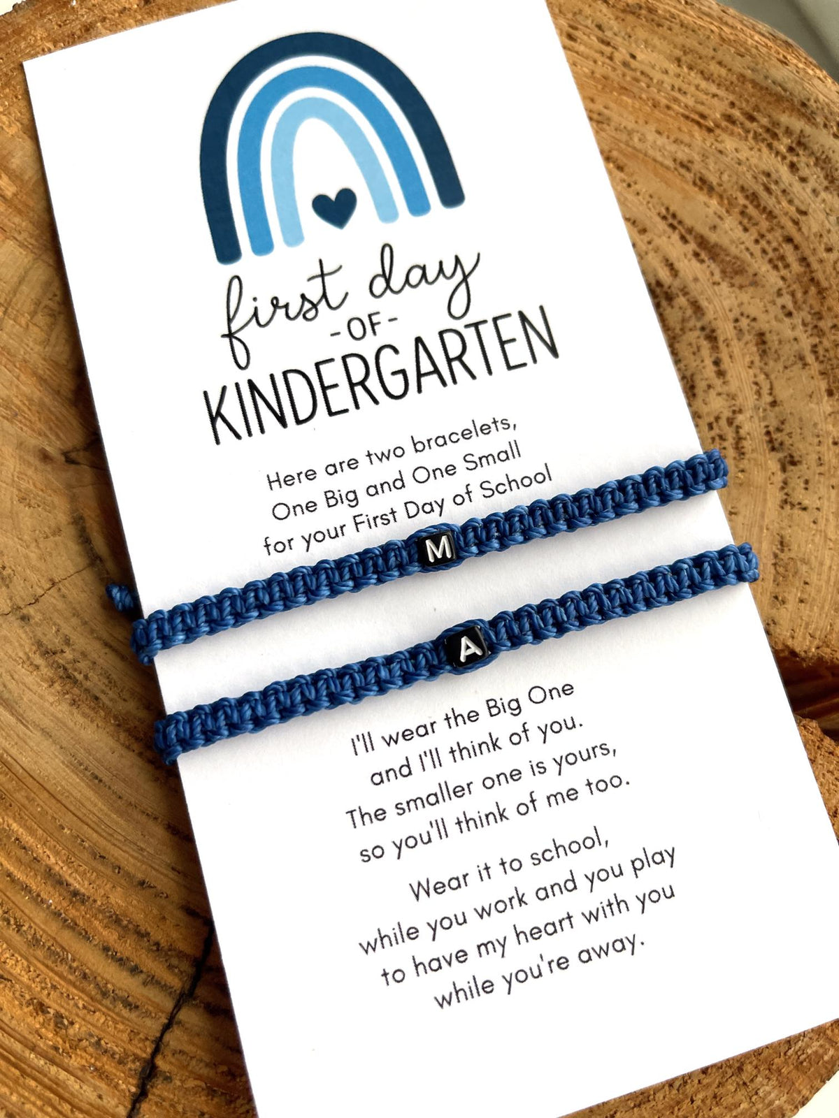 First Day Kindergarten Mommy and Me Matching Bracelets, Initial Letters, Blue Rainbow Card