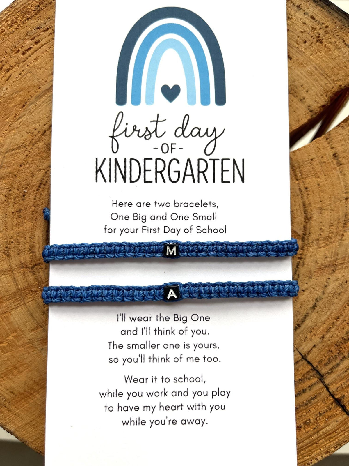 First Day Kindergarten Mommy and Me Matching Bracelets, Initial Letters, Blue Rainbow Card