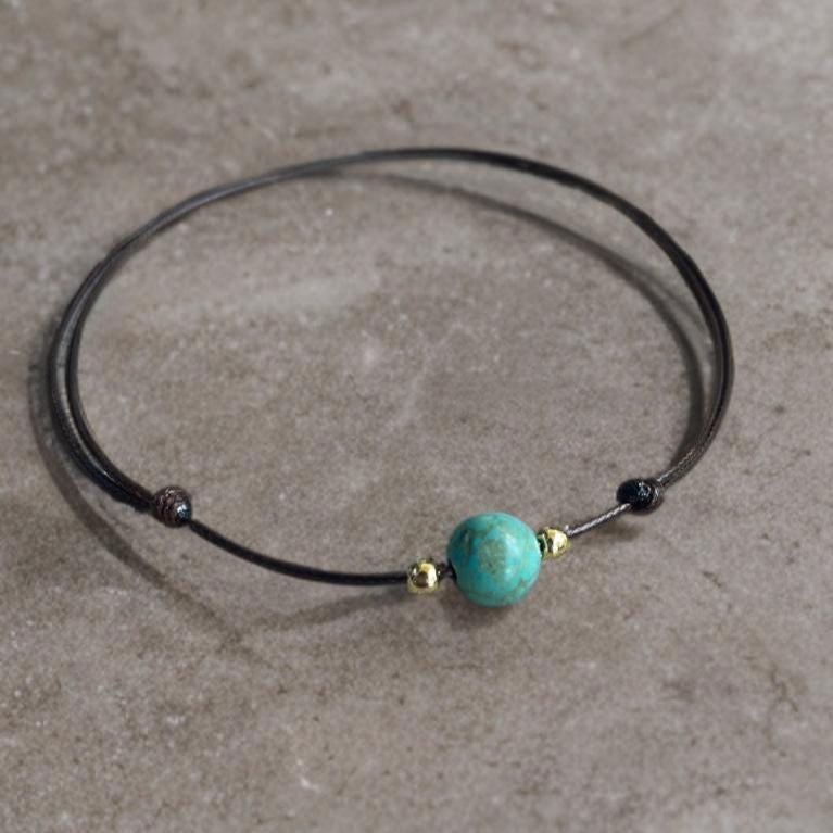 Adjustable Turquoise Choker, Minimalist Black Cord Necklace with Gemstone Bead, Handmade Boho Jewelry, Dainty Everyday Layering Choker