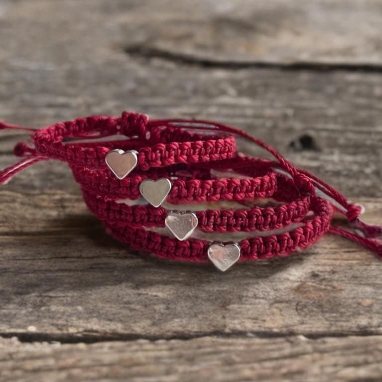 Silver Heart Family Bracelets Burgundy Matching Bracelets