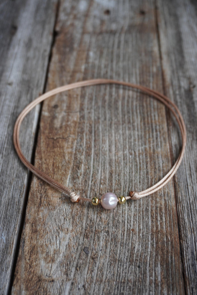 Pink Pearl Necklace, Adjustable Waterproof Cord with Gold Accents, Minimalist Beach Jewelry, Dainty Choker, Gift for Her