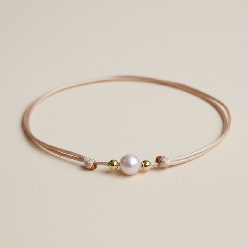 Pink freshwater pearl dainty choker necklace flat lay gold accent coastal jewelry