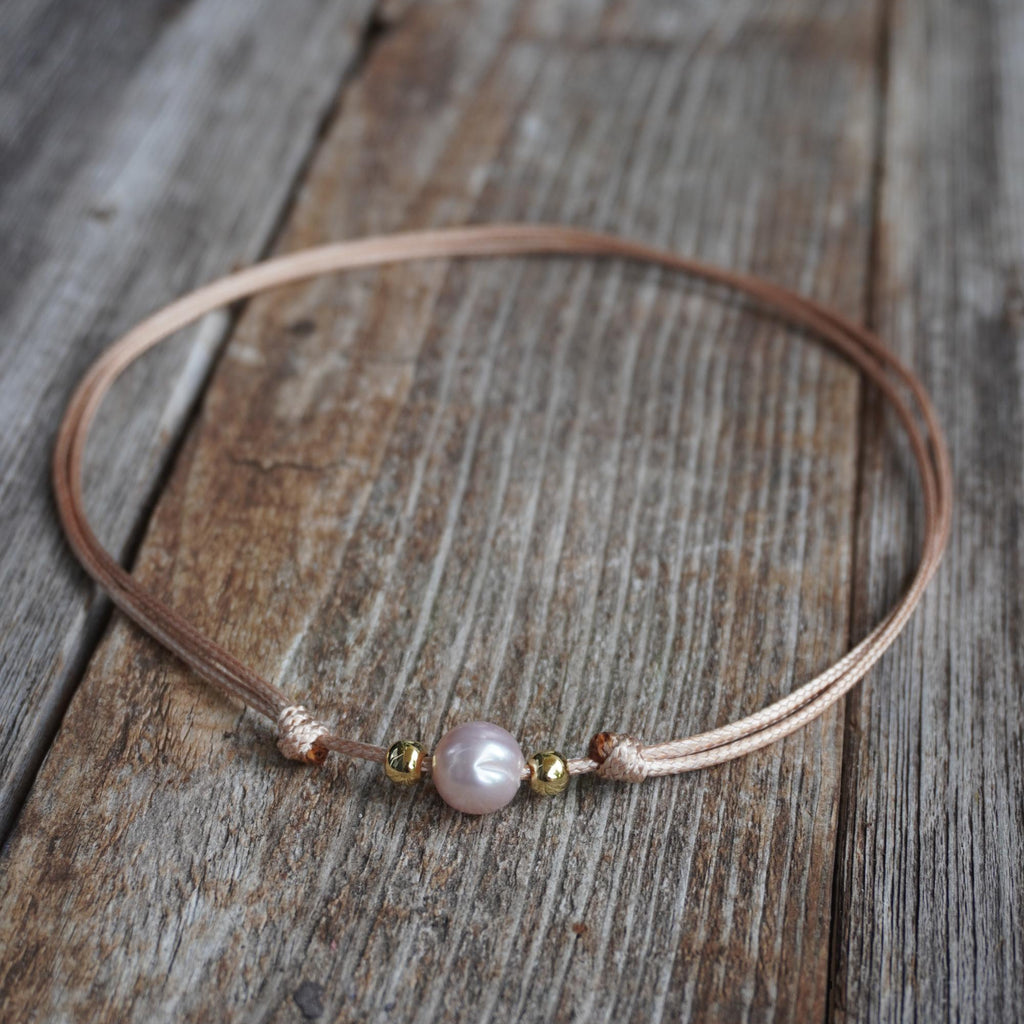 Pink Pearl Necklace, Adjustable Waterproof Cord with Gold Accents, Minimalist Beach Jewelry, Dainty Choker, Gift for Her