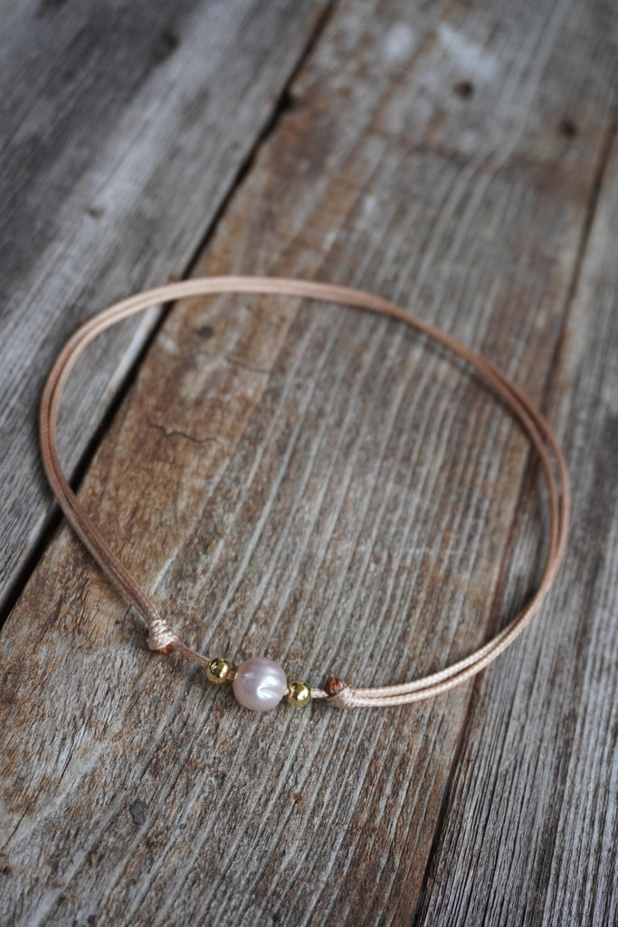 Pink Pearl Necklace, Adjustable Waterproof Cord with Gold Accents, Minimalist Beach Jewelry, Dainty Choker, Gift for Her