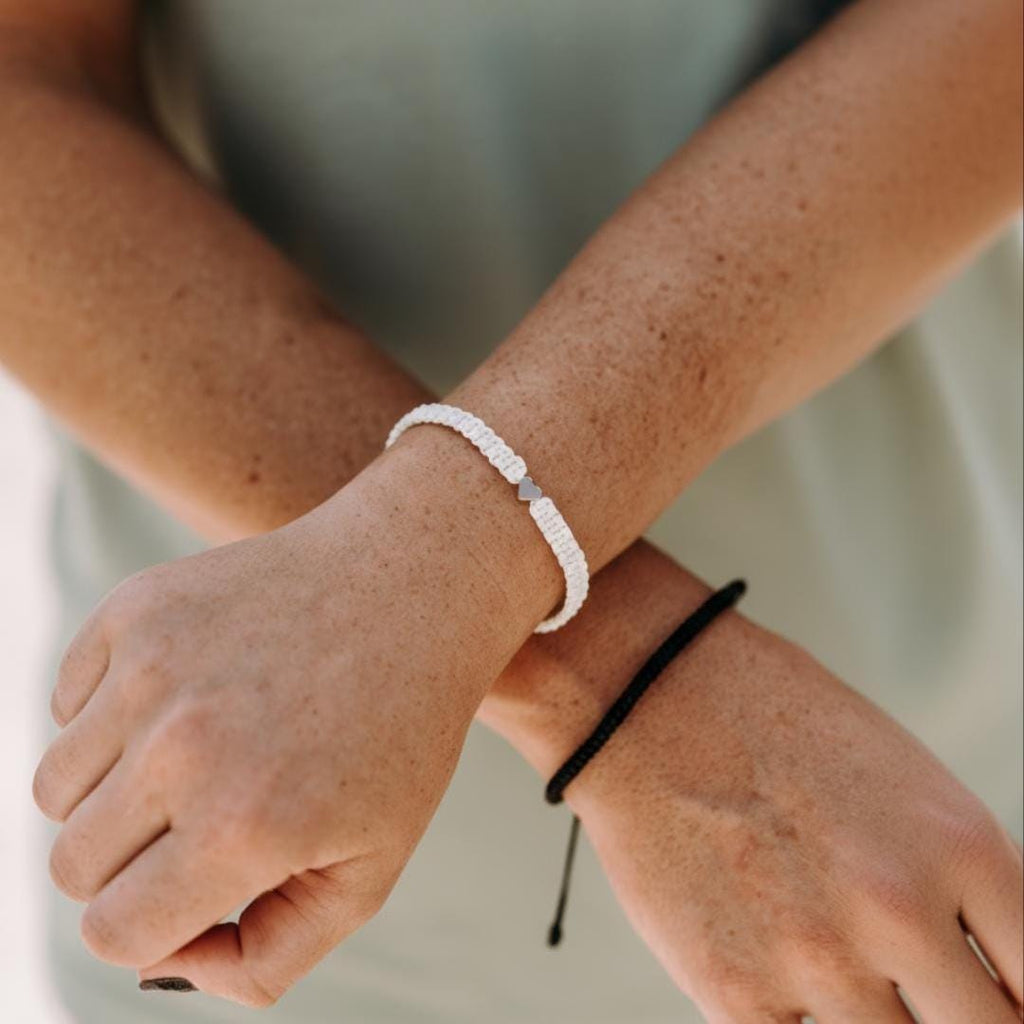 Personalized Initial Couples Bracelets, Black & White Set with Silver Heart
