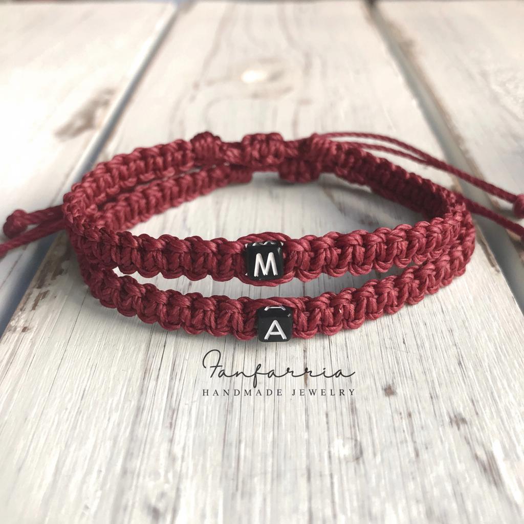 Burgundy Initials Couples Bracelets His and Hers Matching