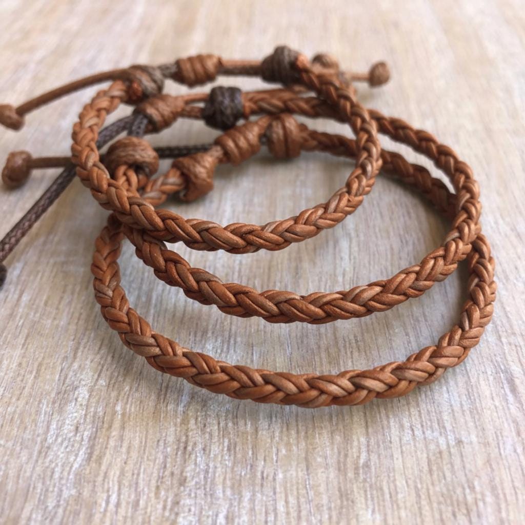 Braided Leather Bracelets Light Brown Key West Style