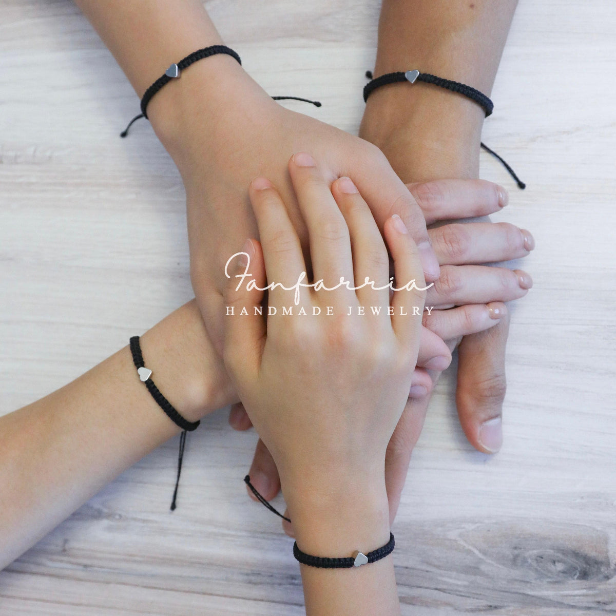 Mommy and Me Black Bracelet Set, Matching Handmade Adjustable Bracelets with Heart Charms, Mother Daughter Gift, Waterproof