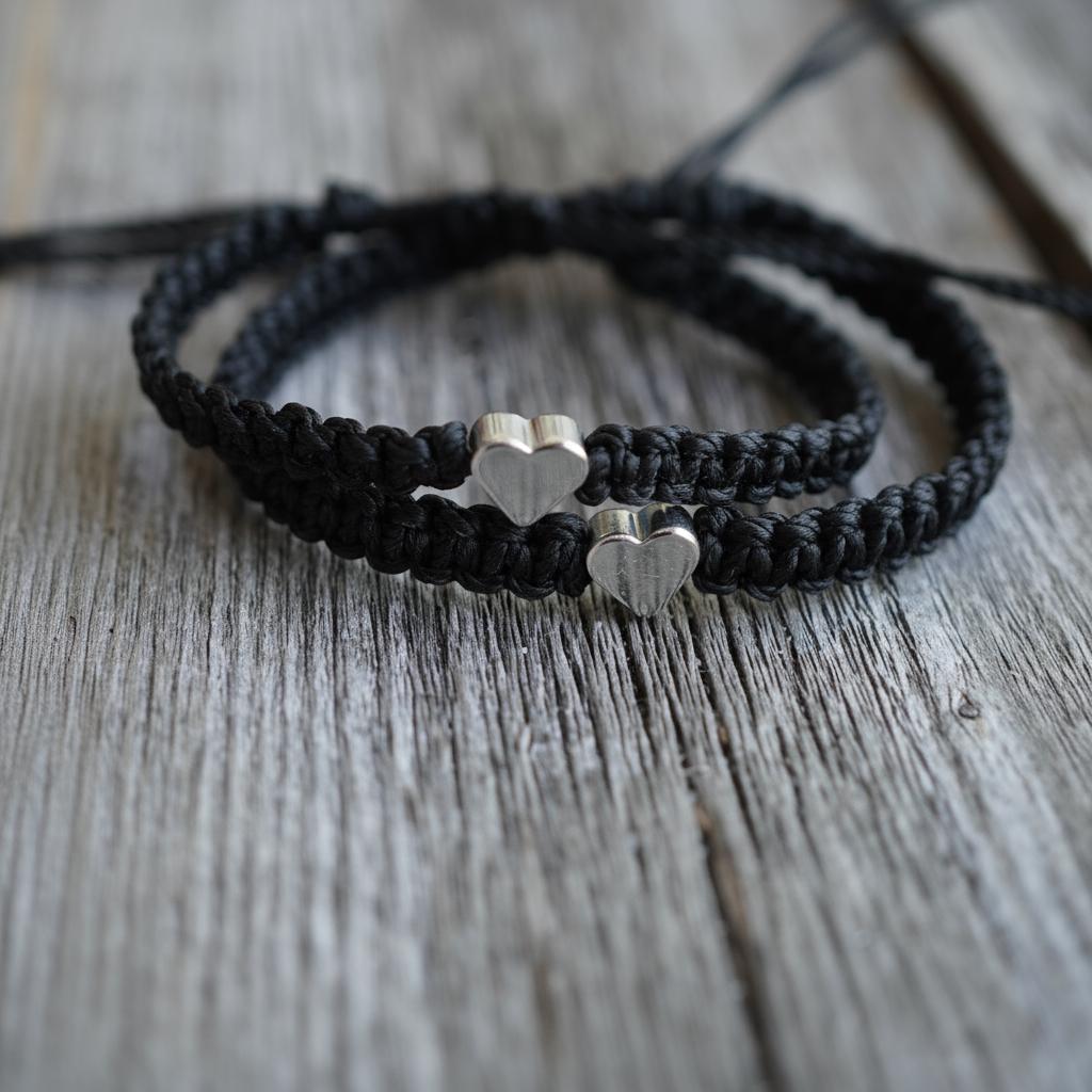 Two black macrame bracelets with silver heart charms. The bracelets are knotted and have a simple, elegant design. The background is a weathered wooden surface.