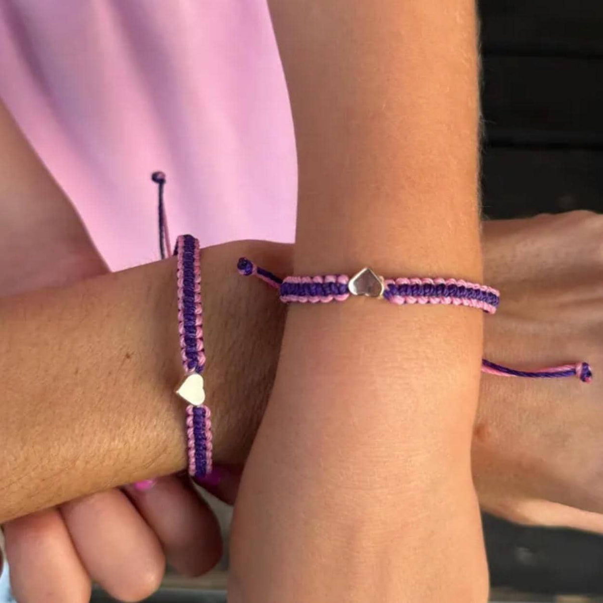 Pink and Purple Bracelets with Gold Hearts, Macrame Braided Matching Bracelet.