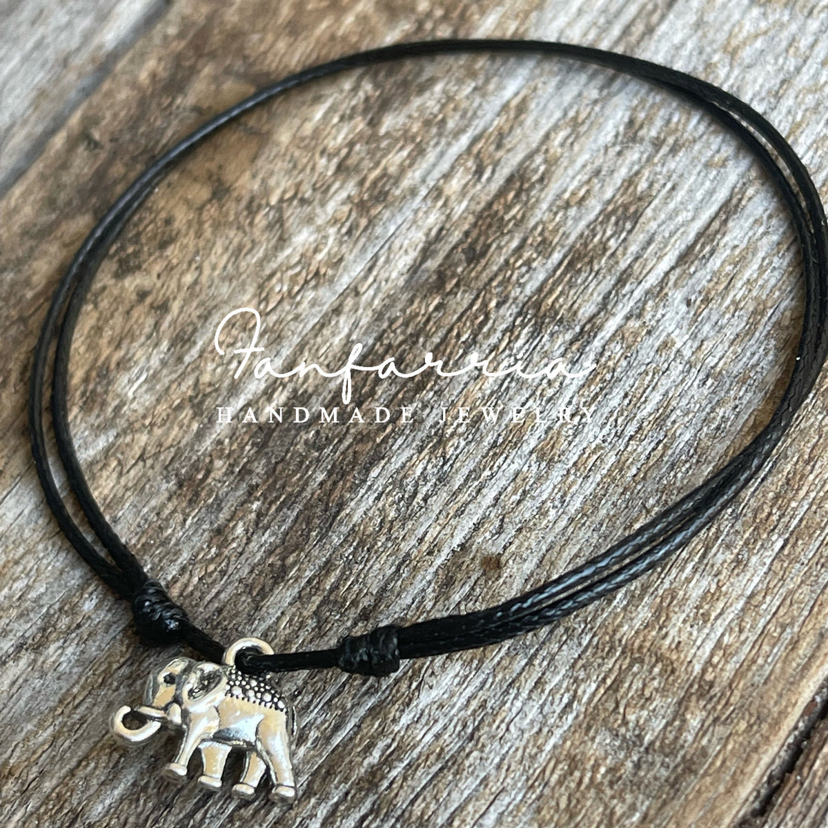 Elephant Anklet, Black Waxed Cord Anklet, Adjustable Anklet