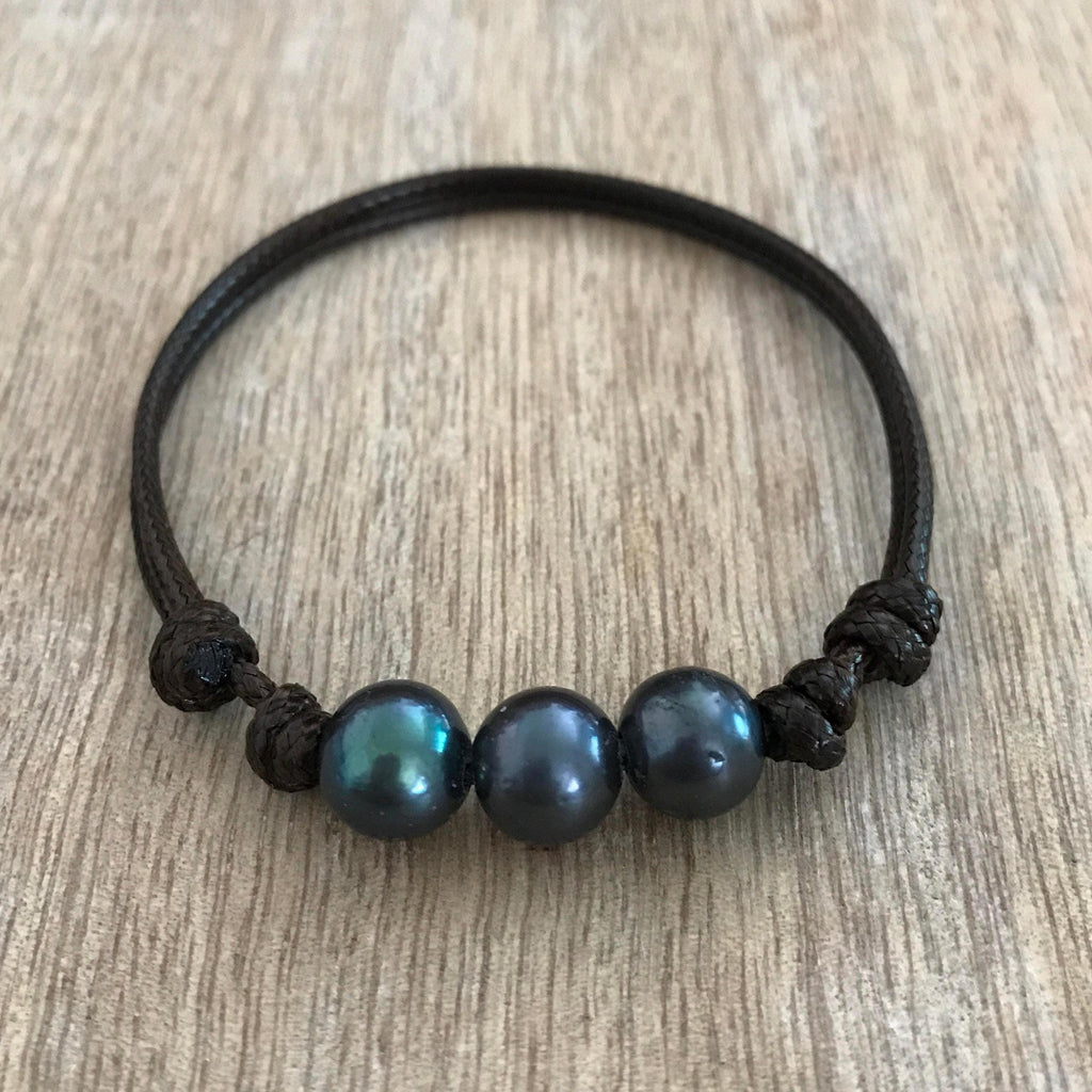3 Pearls Anklet Bracelet, Tahitian Dyed Pearl, Brown Waxed Cord, Palm Beach Collection