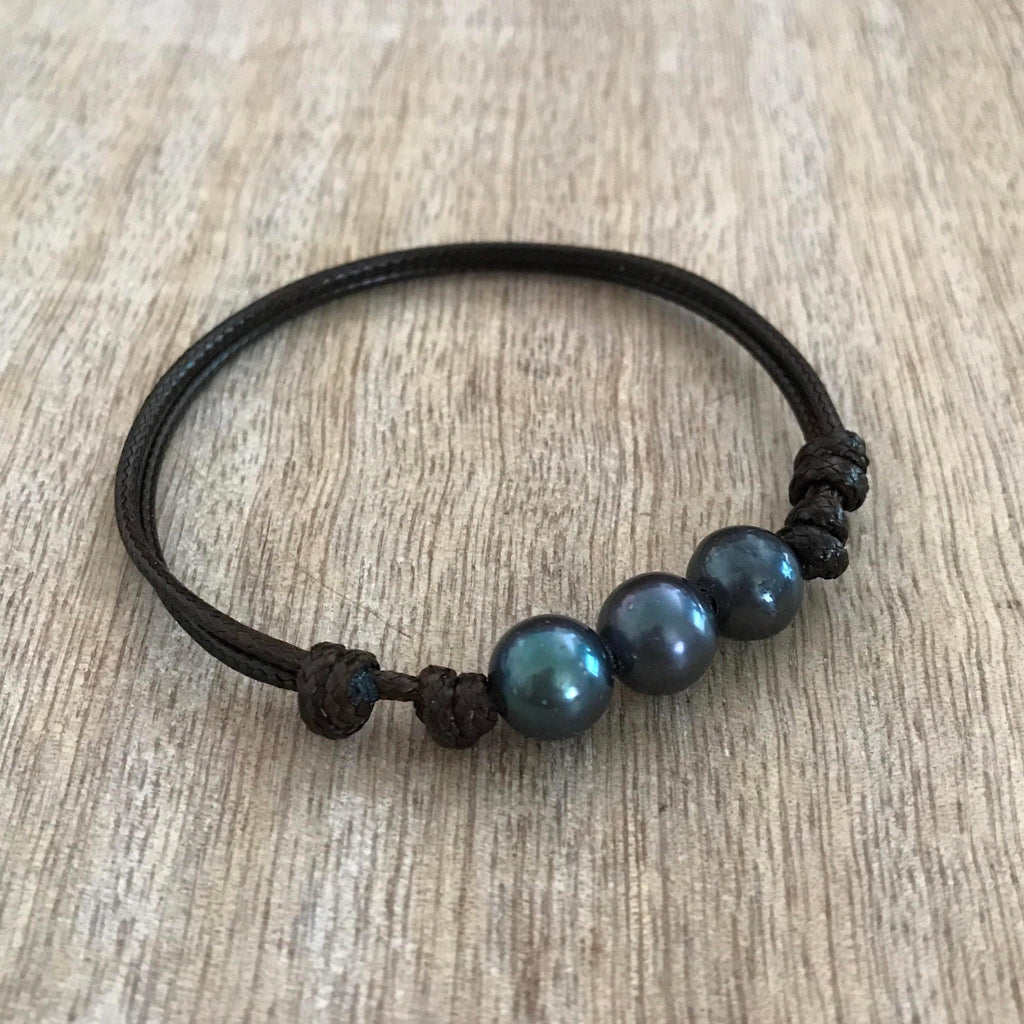 3 Pearls Anklet Bracelet, Tahitian Dyed Pearl, Brown Waxed Cord, Palm Beach Collection