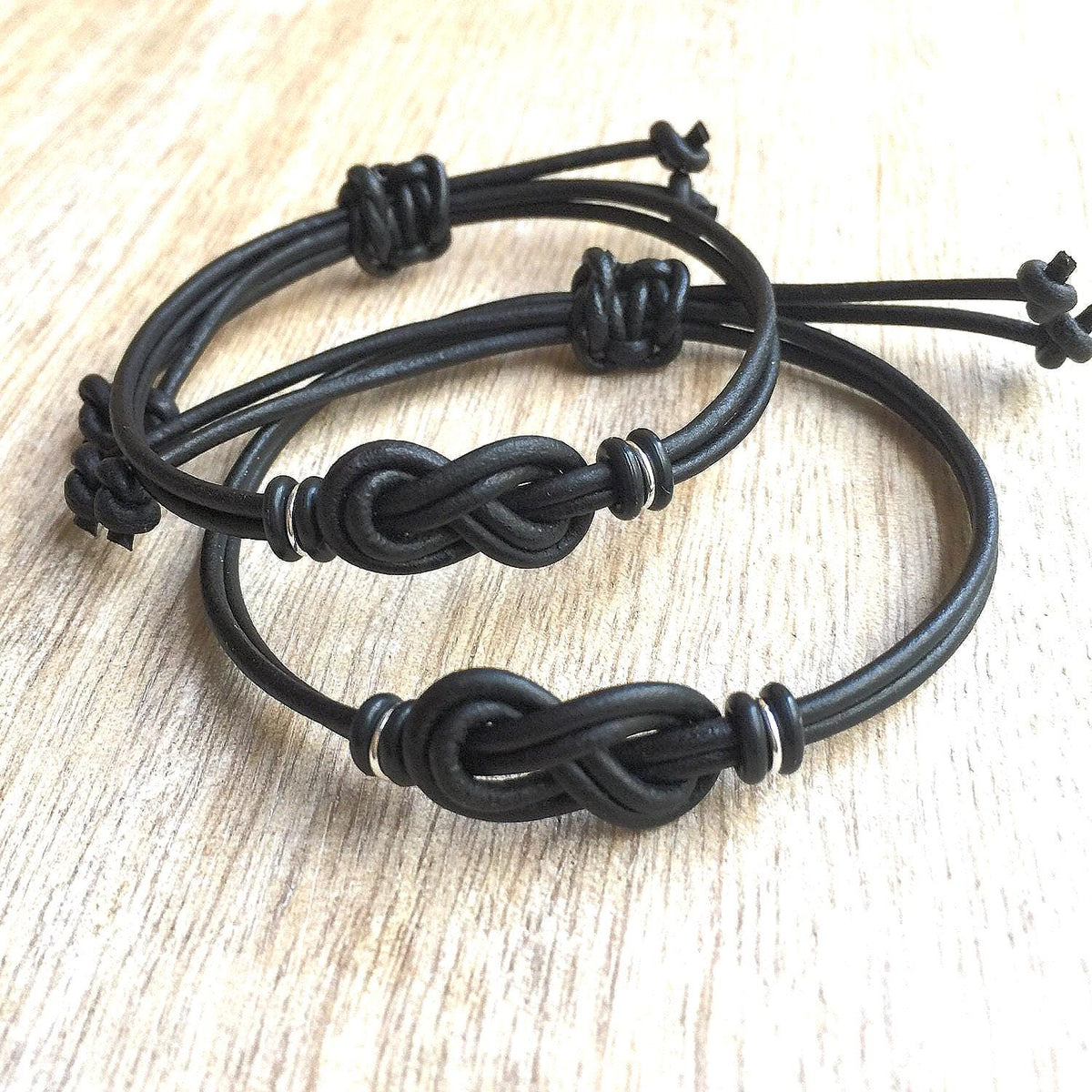 Black Leather Couples Bracelets Set, Eternity Infinity Knot, Matching Bracelets, San Marino Collection