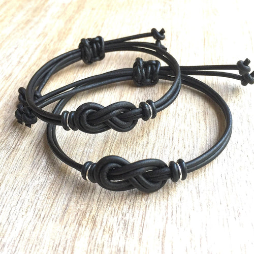 Black Leather Couples Bracelets Set, Eternity Infinity Knot, Matching Bracelets, San Marino Collection