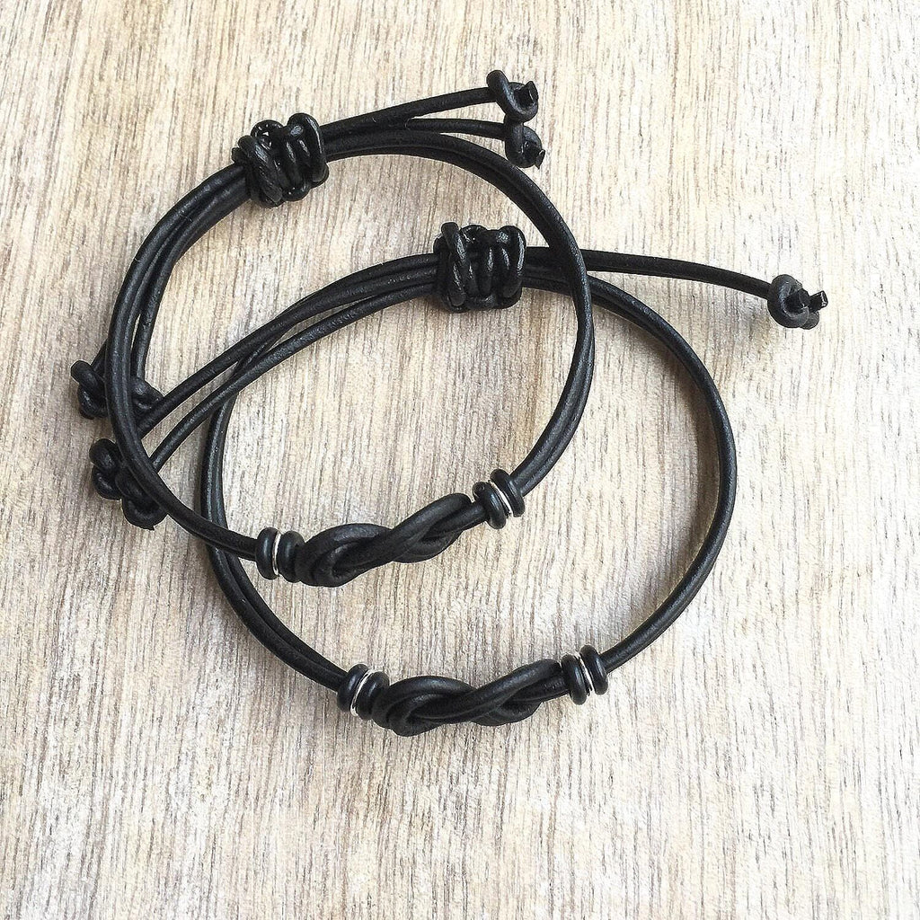 Black Leather Couples Bracelets Set, Eternity Infinity Knot, Matching Bracelets, San Marino Collection