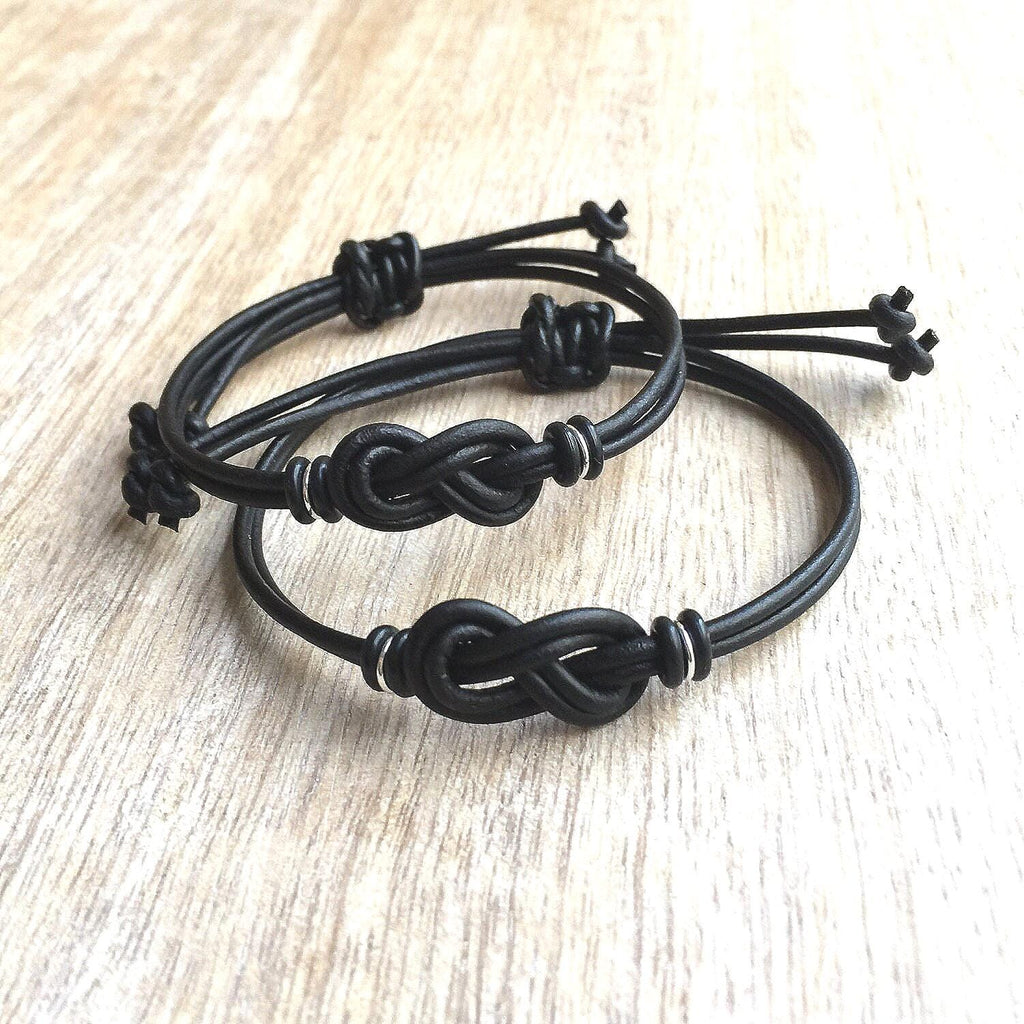 Black Leather Couples Bracelets Set, Eternity Infinity Knot, Matching Bracelets, San Marino Collection