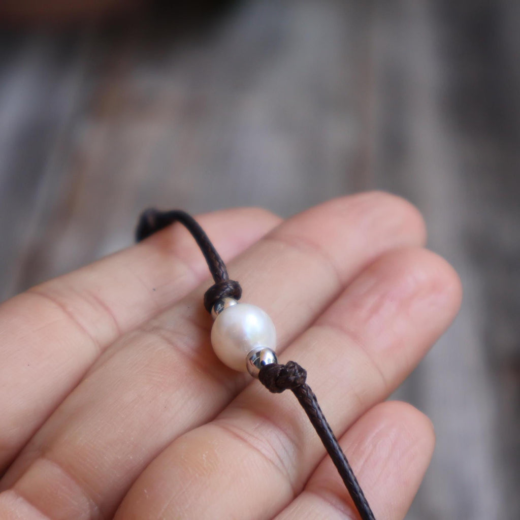 Freshwater Pearl Necklace, 8mm Pearl Brown Cord Choker, Rhodium Silver Beads, Minimalist Boho Jewelry, Adjustable Necklace