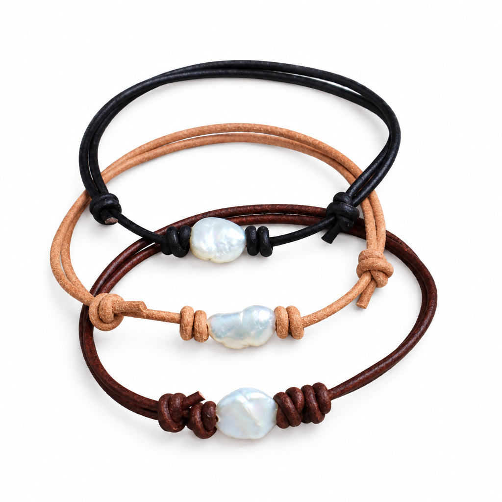 Pearl Leather Anklet Bracelet. Adjustable Freshwater Nugget Pearl Jewelry for Her