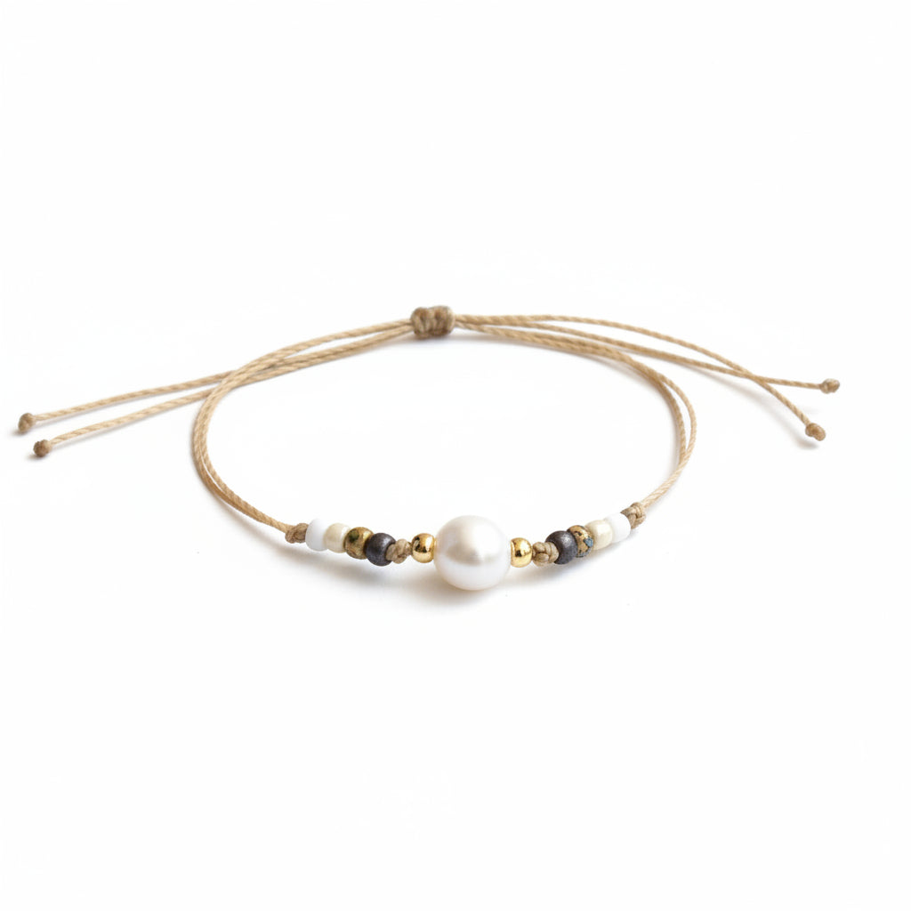 Freshwater Pearl Bracelet or Anklet, Boho Beaded Cord Jewelry, Gold Filled Accent Beads, Adjustable Waxed Cord, Minimalist Pearl Jewelry
