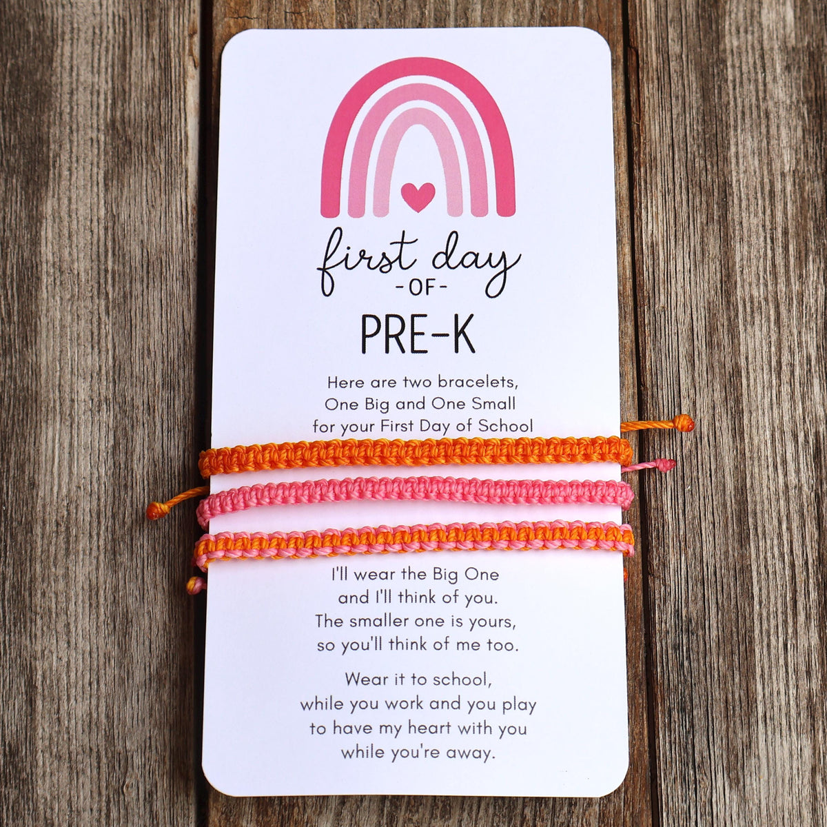 First Day of PreK Family Set Bracelets 2 Adults 1 Kid, Pink Orange