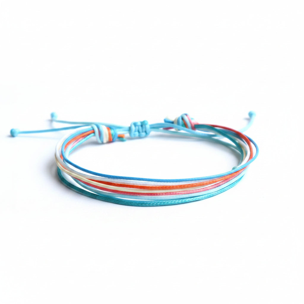 Multicolor boho string ankle bracelet with adjustable waxed cord closure