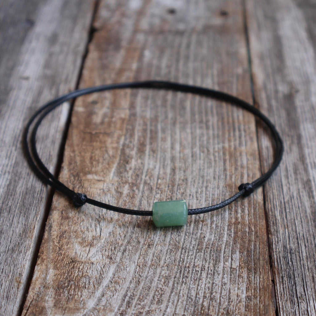 Green Aventurine Choker, Black Waxed Cord Necklace, Natural Stone Bead Choker, Minimalist Men's Choker, Waterproof Cord Necklace