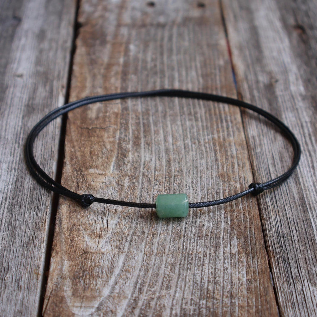 Green Aventurine Choker, Black Waxed Cord Necklace, Natural Stone Bead Choker, Minimalist Men's Choker, Waterproof Cord Necklace