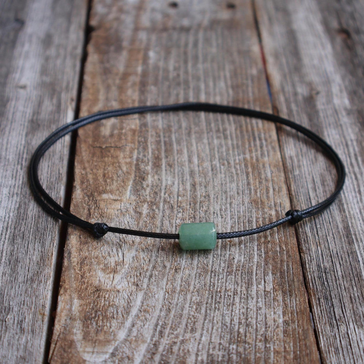 Green Aventurine Choker, Black Waxed Cord Necklace, Natural Stone Bead Choker, Minimalist Men's Choker, Waterproof Cord Necklace