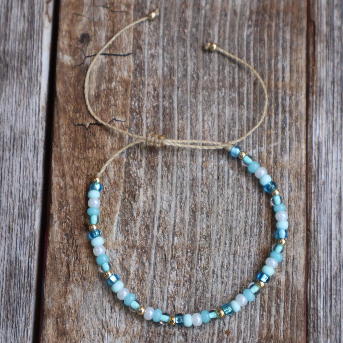 Turquoise Bead Bracelet, Adjustable String Anklet, Boho Beach Jewelry