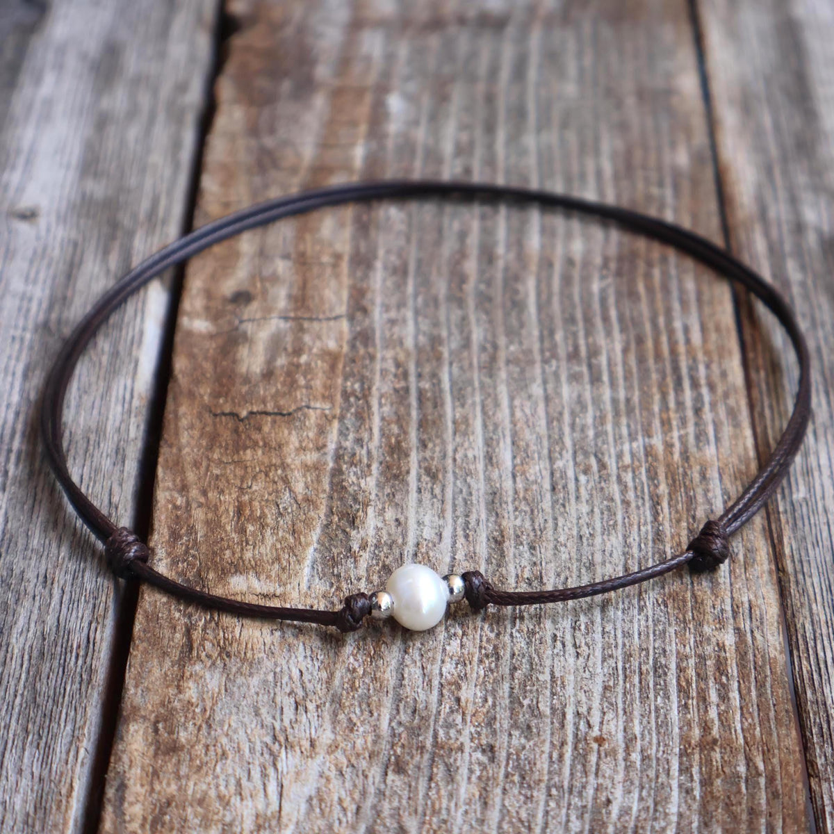 Freshwater Pearl Necklace, 8mm Pearl Brown Cord Choker, Rhodium Silver Beads, Minimalist Boho Jewelry, Adjustable Necklace