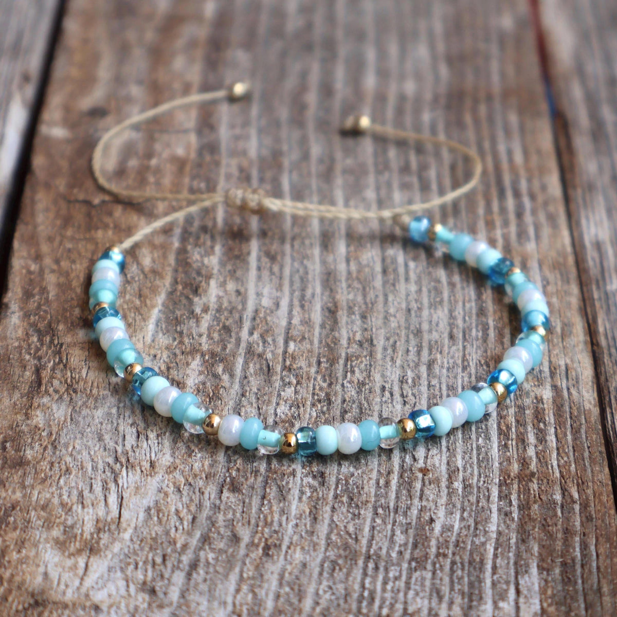 Turquoise Bead Bracelet, Adjustable String Anklet, Boho Beach Jewelry