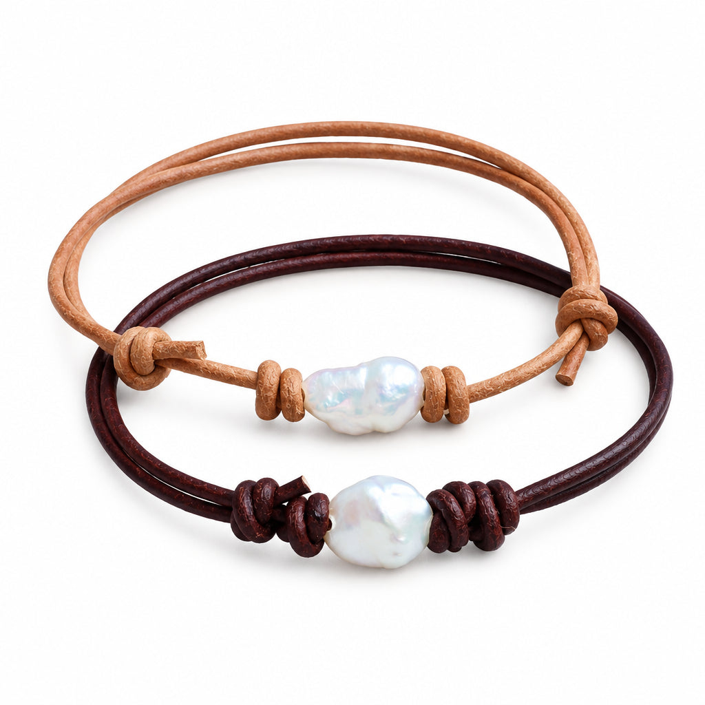 Pearl Leather Anklet Bracelet. Adjustable Freshwater Nugget Pearl Jewelry for Her