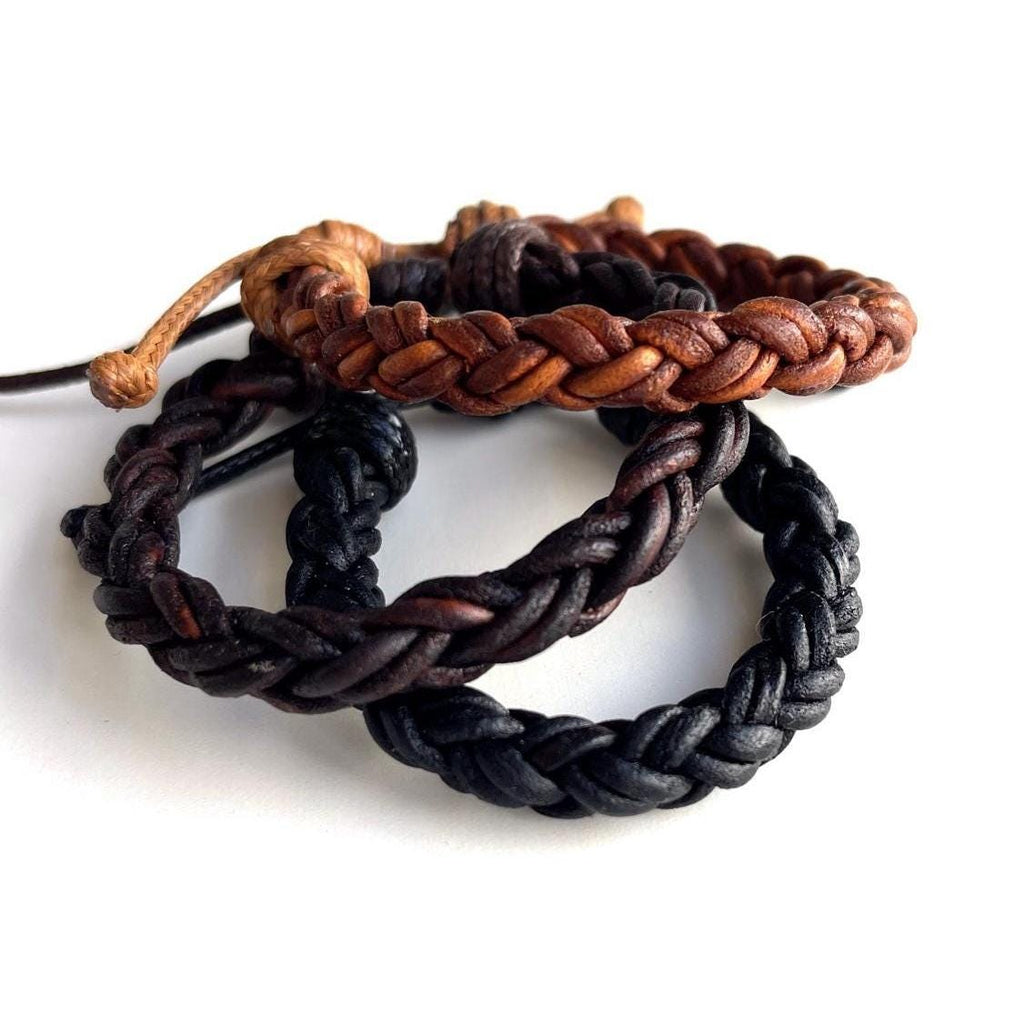 Set of three braided leather bracelets unisex in black, dark brown, and light brown, adjustable cord closure