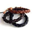 Set of three braided leather bracelets unisex in black, dark brown, and light brown, adjustable cord closure