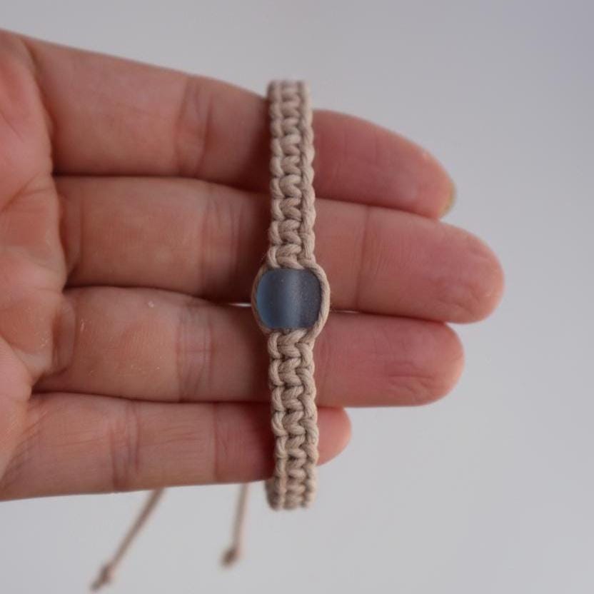 Blue Sea Glass Hemp Anklet, Natural Braided Macrame Surfer Jewelry