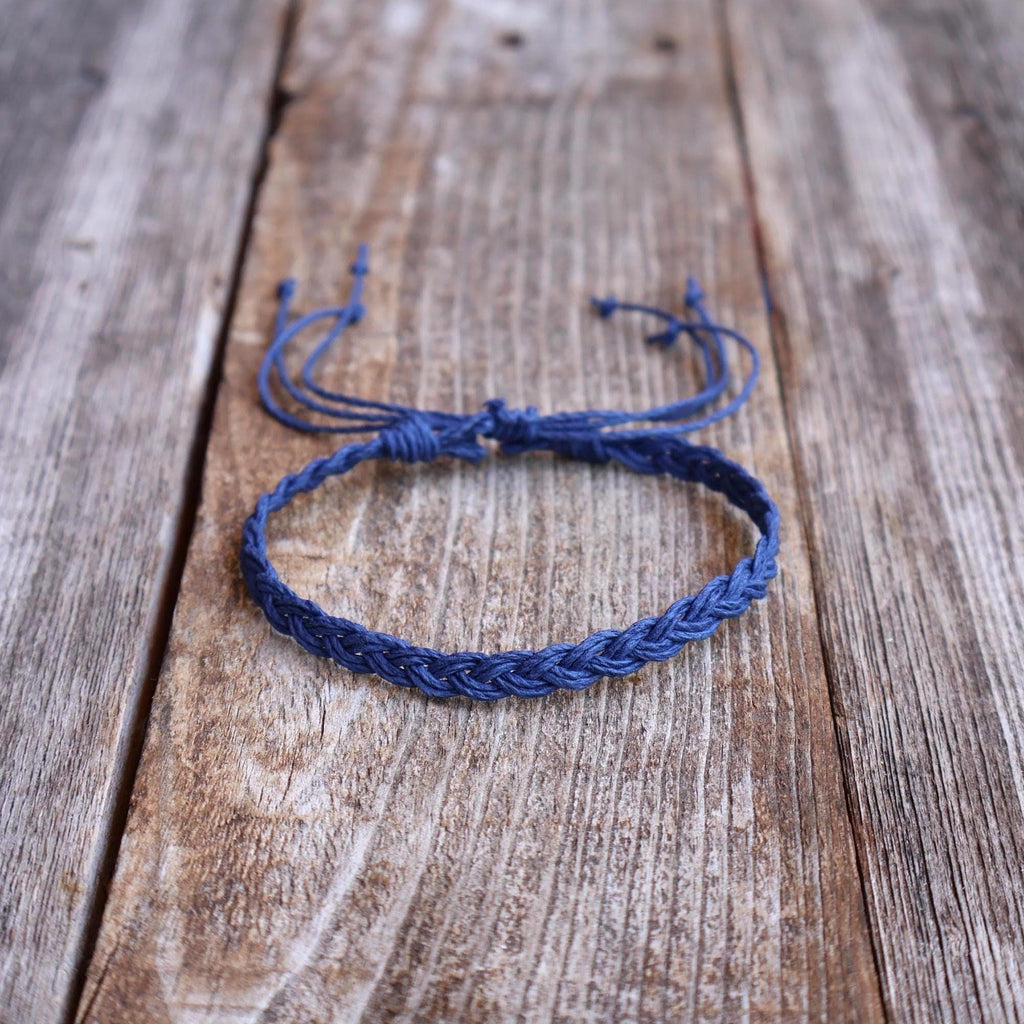 Braided navy hemp cord bracelet, adjustable sliding knot closure, minimalist boho style