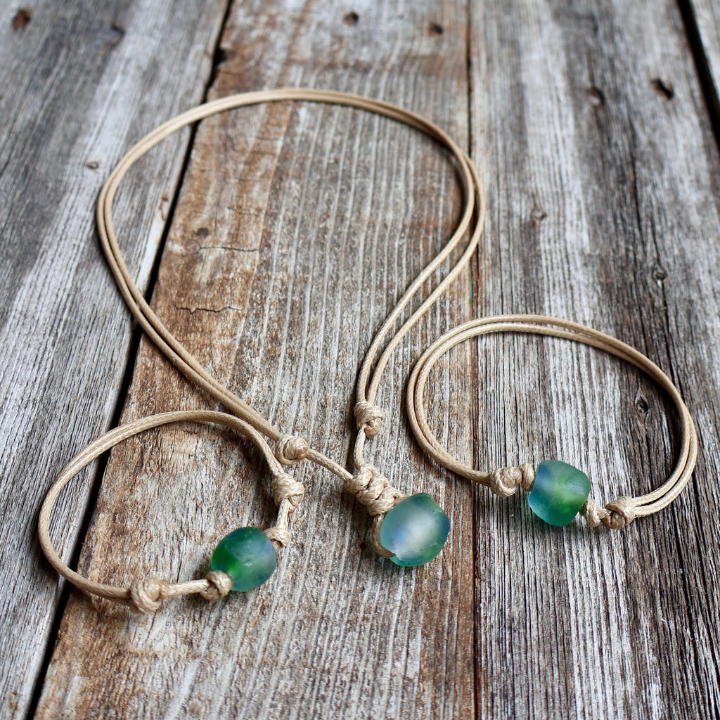 Surfer sea glass jewelry beach set, necklace, anklet, and bracelet