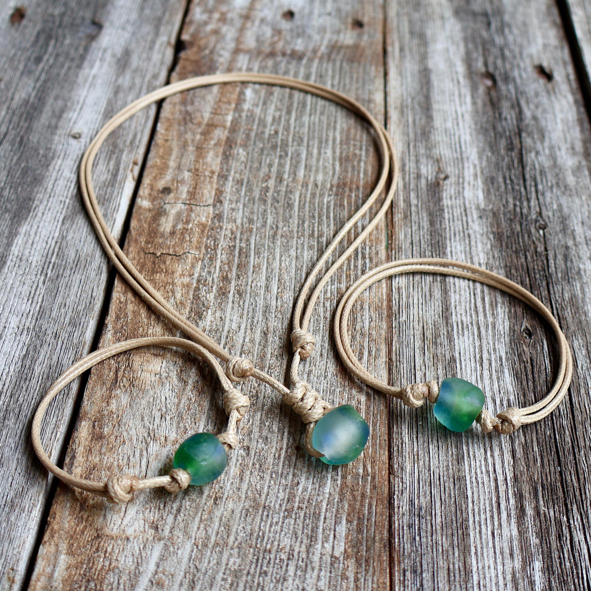Surfer sea glass jewelry beach set, necklace, anklet, and bracelet