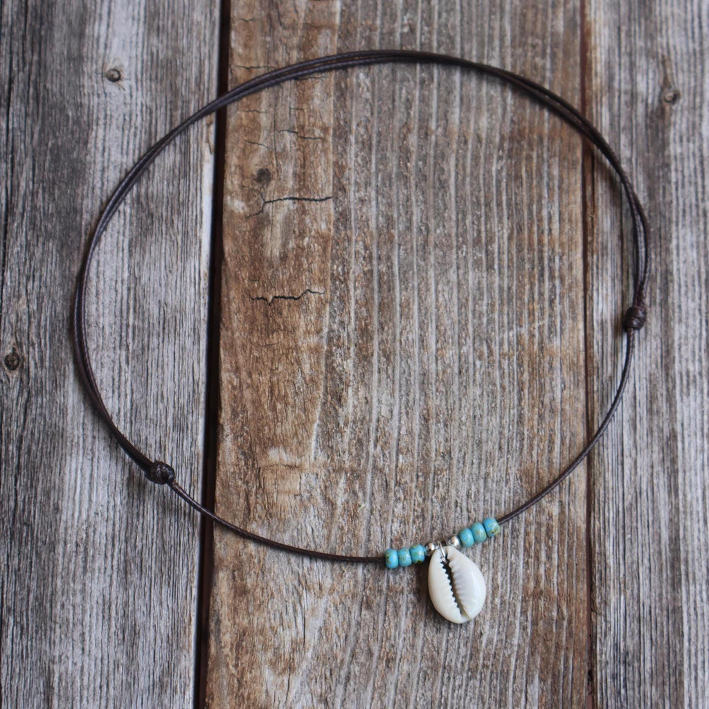 Cowrie Shell Turquoise Bead Choker Necklace