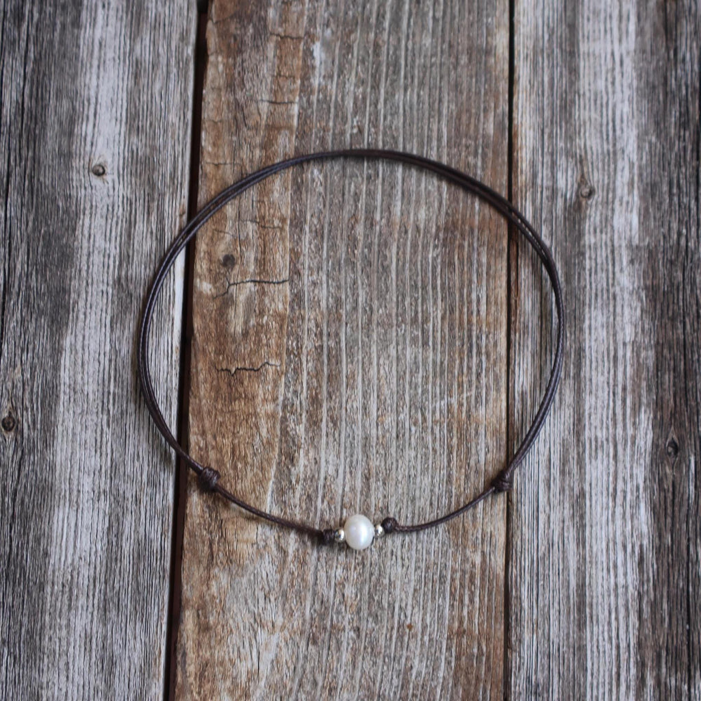 Freshwater Pearl Necklace, 8mm Pearl Brown Cord Choker, Rhodium Silver Beads, Minimalist Boho Jewelry, Adjustable Necklace