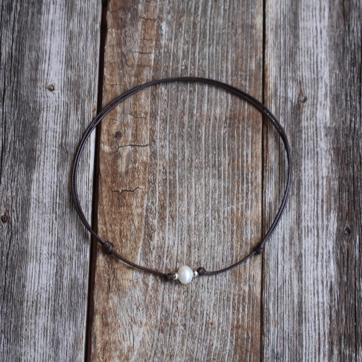 Freshwater Pearl Necklace, 8mm Pearl Brown Cord Choker, Rhodium Silver Beads, Minimalist Boho Jewelry, Adjustable Necklace