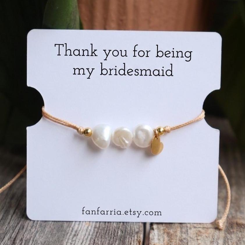 Thank You For Being My Bridesmaid Bracelet, Keshi Pearl Gold Heart Charm, Bridesmaid Thank You Gift