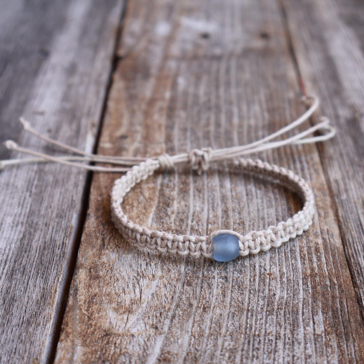 Blue Sea Glass Hemp Anklet, Natural Braided Macrame Surfer Jewelry
