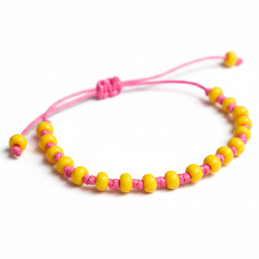 Yellow Czech Glass Bead Bracelet, Pink Cord, Boho Adjustable Anklet