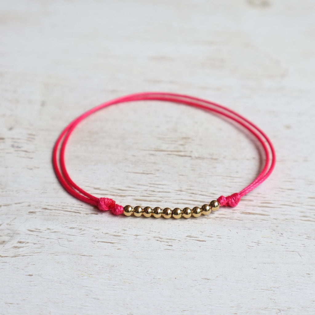 Pink Neon String Anklet Bracelet, Gold Plated Beads, Boho Beach Style, Lido Collection