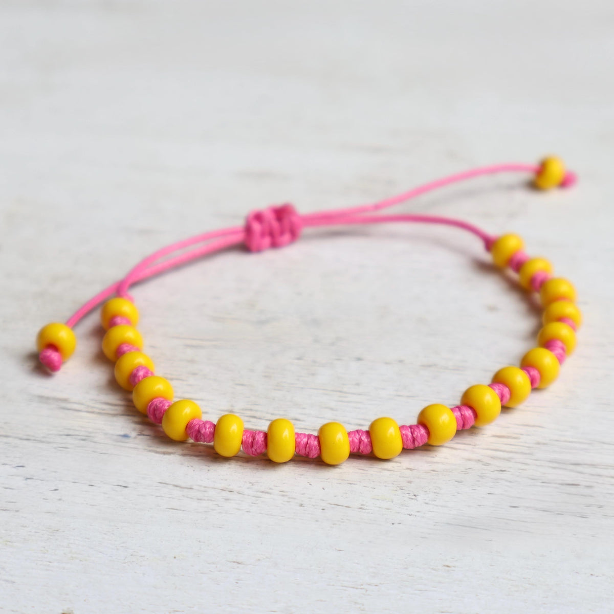 Yellow Czech Glass Bead Bracelet, Pink Cord, Boho Adjustable Anklet