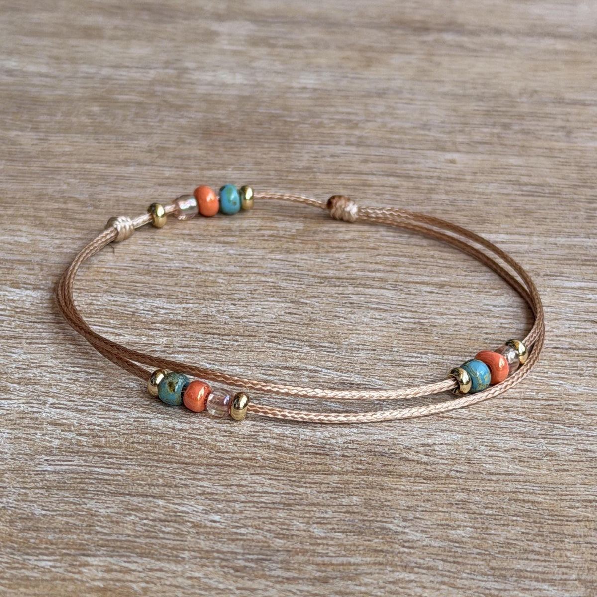 Beaded Anklet Bracelet, Waterproof, Adjustable, Minimalist Turquoise and Coral