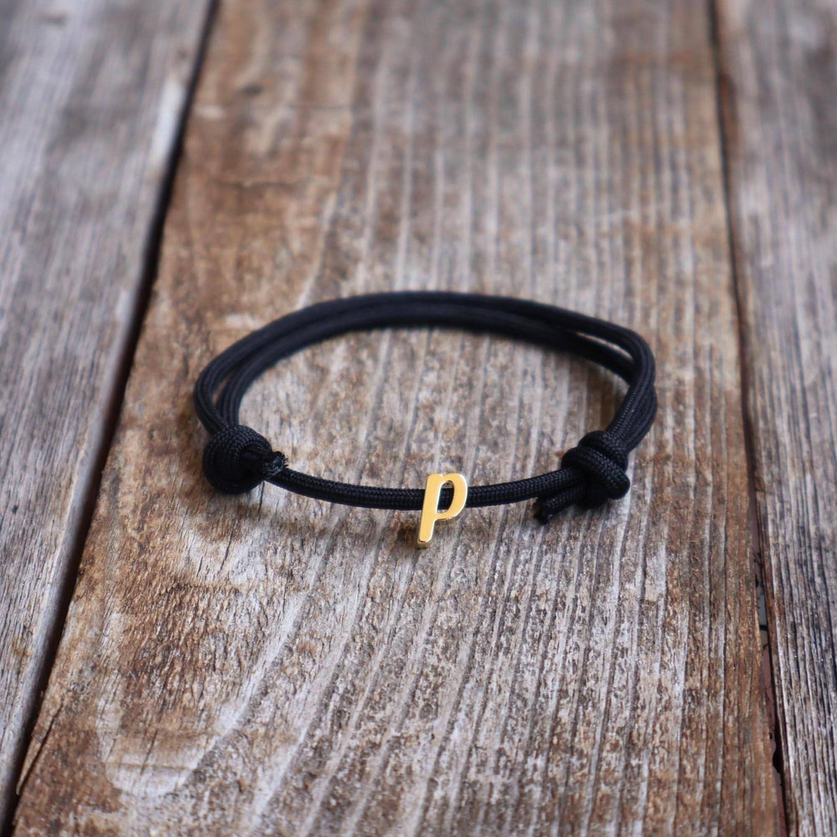 Black Cord Bracelet with Gold Initial Letter P Charm